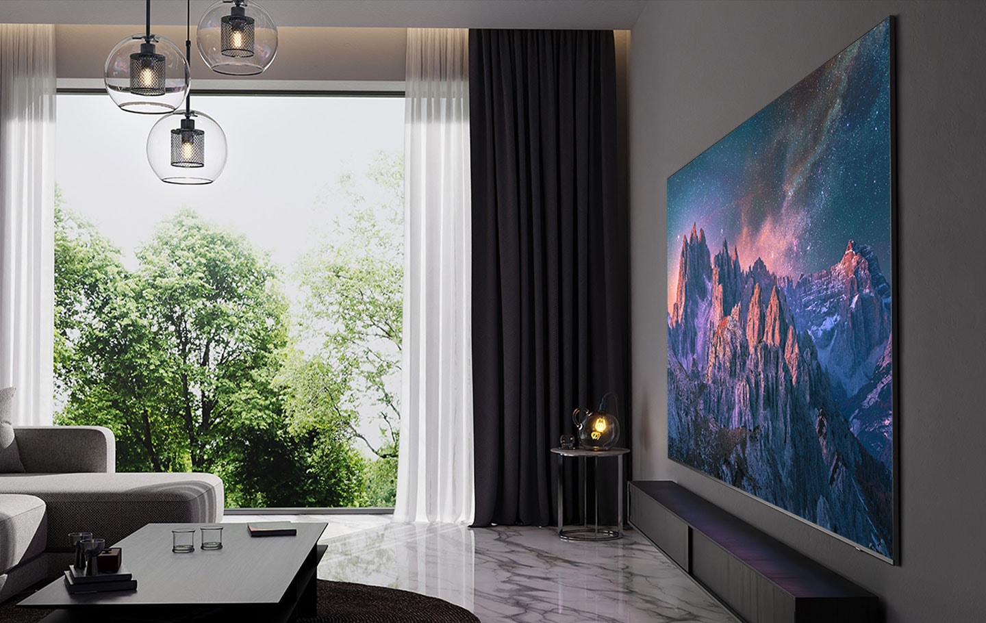 In a modern-style living room, a super slim TV displaying mountains under a starry sky mounts seamlessly onto the wall. A line traces its right profile, emphasizing the sleek design. The super slim TV integrates elegantly with the room.