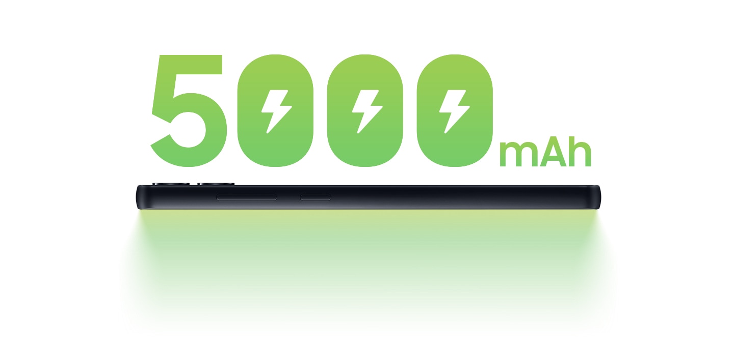 A horizontal side view of the Galaxy A05 is shown with '5000 mAh' above it in large, green letters.