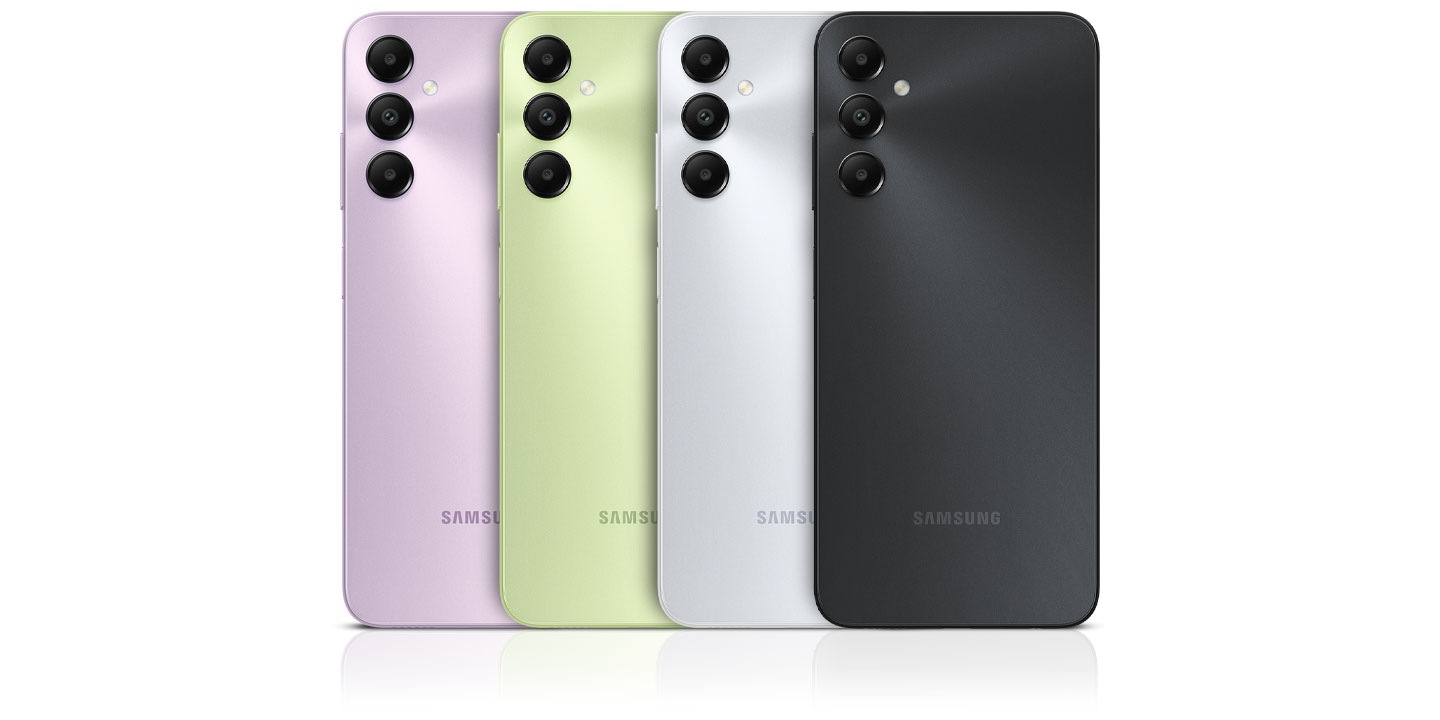 Multiple devices of the Galaxy A05s are lined up to showcase their color options.