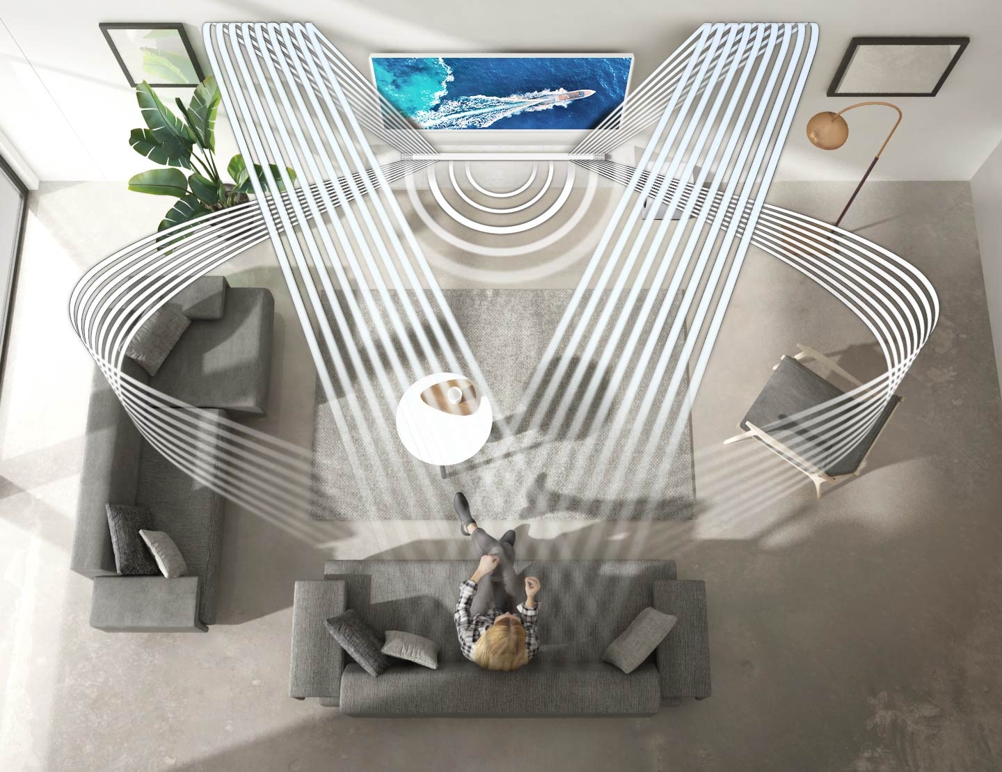 Various soundwave graphics coming from soundbar illustrate how the woman enjoying The Frame TV in her living room experiences sound created by Samsung Acoustic Beam. 2 soundwave graphics are up-firing from the top of the soundbar and toward the woman. 3 soundwave graphics are coming from the side an