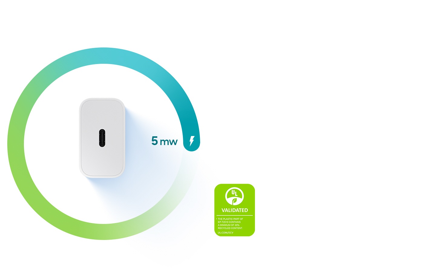 Un adaptateur secteur blanc montre le côté avec le port USB-C. Autour de l'adaptateur se trouve un anneau qui affiche une icône en forme de foudre ainsi qu'un texte indiquant « 5 mw ». En bas à droite, une marque de validation de déclaration environnementale UL est affichée indiquant « VALIDATED. La partie plastique de l'EP-T2510 contient au moins 20 % de contenu recyclé. UL.COM/ECV ».