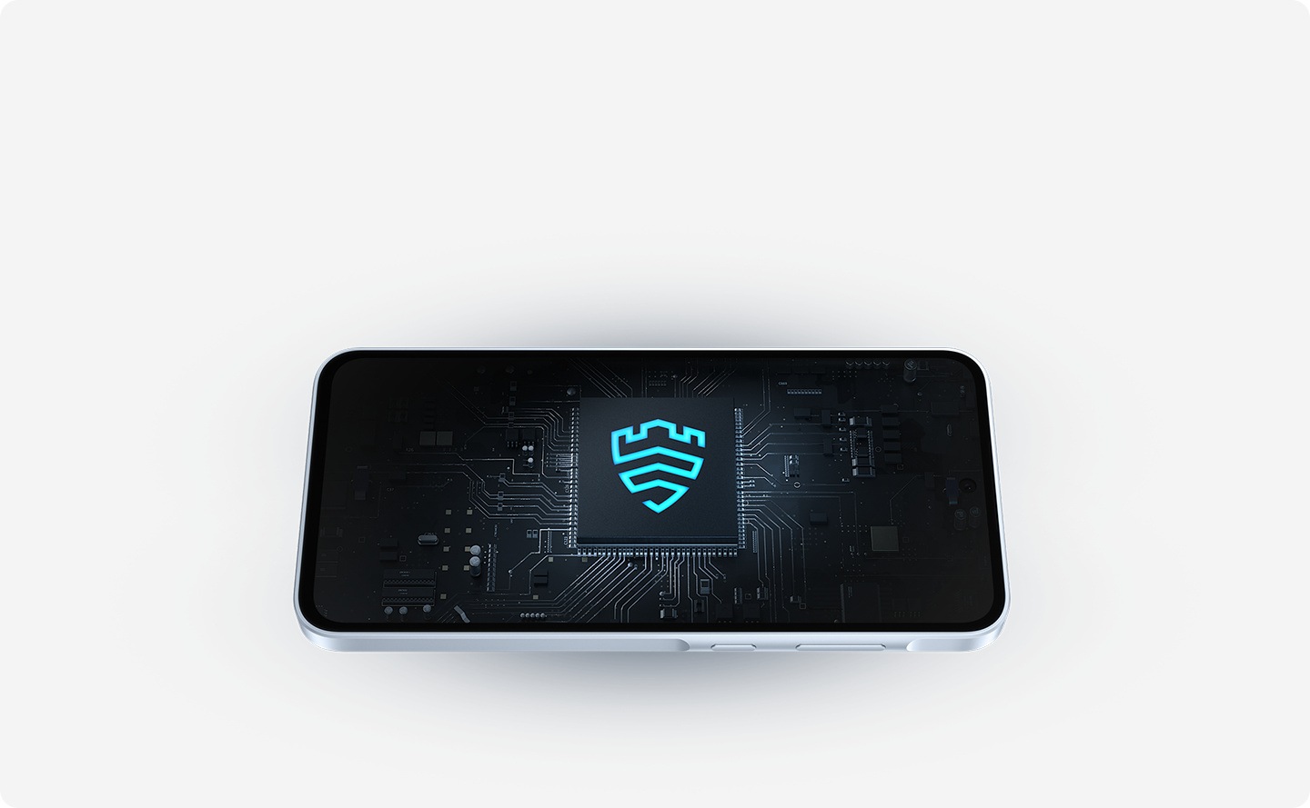 A Galaxy device with a partially translucent black screen, which shows a large chip inside at the center with a fluorescent, shield-shaped, Samsung Knox Vault symbol. 
