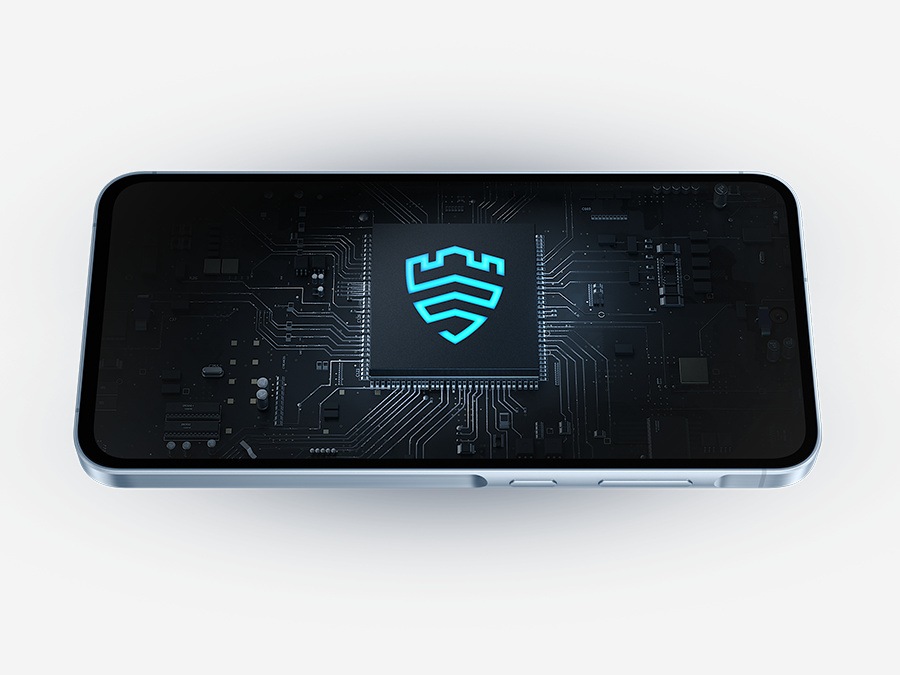A Galaxy device with a partially translucent black screen, which shows a large chip inside at the center with a fluorescent, shield-shaped, Samsung Knox Vault symbol. 