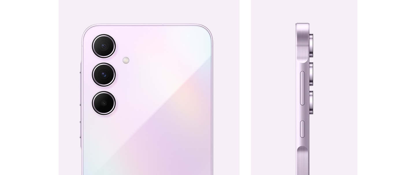 A Samsung Galaxy A55 Price in Kenya in Awesome Lilac is showing its camera layout, rear view of the camera layout, and the side view of the device.