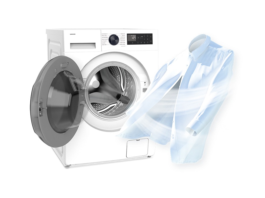 The door of the washing machine is open and air stream is surrounding shirts.