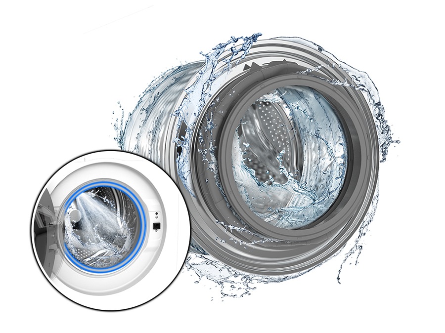 The washer drum is surrounded by clean water and water jets are cleaning the inside. Close-up of the rubber door gasket.
