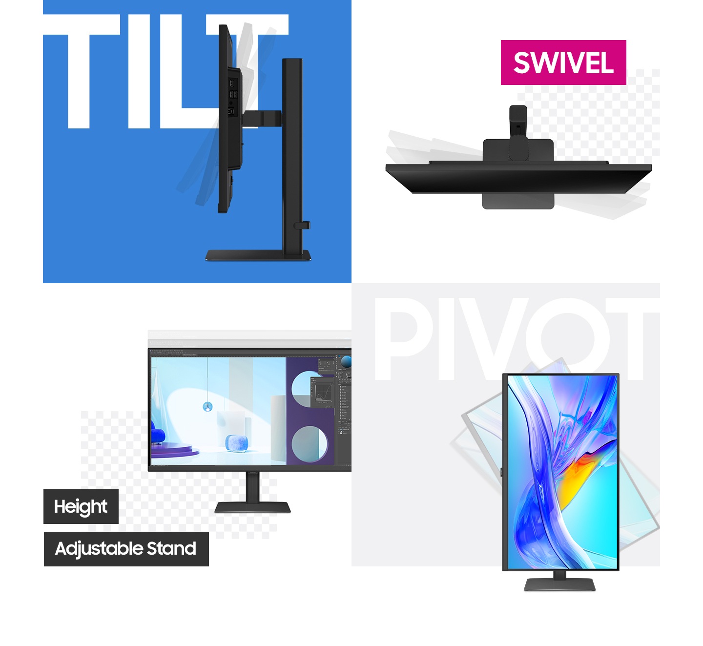 In the top left of a grid, the monitor is shown from the side, with the text "TILT" next to it. The monitor head is shown tilting. The top right of the grid shows the monitor from the top down with the word "Swivel" next to it. The monitor is shown swiveling. The bottom left of the grid shows the front of the monitor on its stand, reading "Height Adjustable Stand." The bottom right of the grid shows the montor in verital orientation, with the text "Pivot" above it.