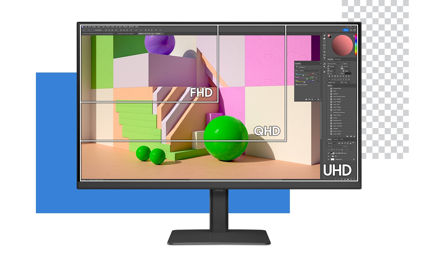 The monitor is shown with a photo editing software on it, editing an image of colorful balls and blocks. A square inside outlines part of the image, with the text "FHD" on it, showing that FHD would only show part of the screen. The text "QHD" shows that QHD would only show part of the screen. And, the text "UHD" is in the bottom right of the monitor, showing the full size is UHD.