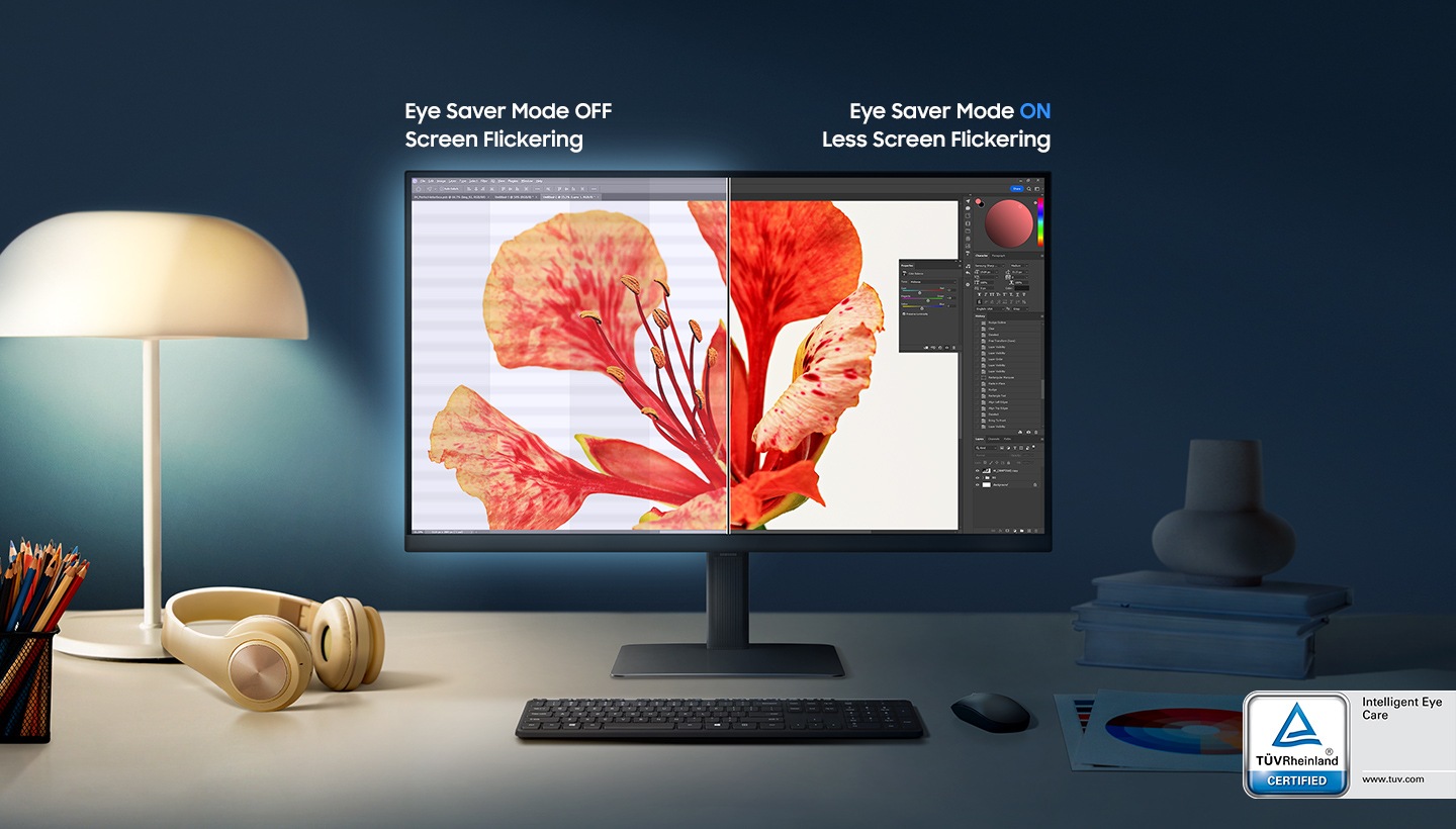 A monitor screen is divided, and the Eye Saver Mode is off on the left screen with some flickering screen. And on the right side screen, the mode is on and it has less screen flickering. TUV Rheinland logo with Intelligent Eye Care certified is included on the right bottom of the monitor. The logo shows the site address, www.tuv.com