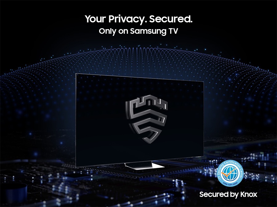 A multi-layered security solution is creating a dome-like enclosure behind a TV that's secured by Knox. The screen features the Samsung Knox emblem. The text Your privacy. Secured. Only on Samsung TV is on display on top. 