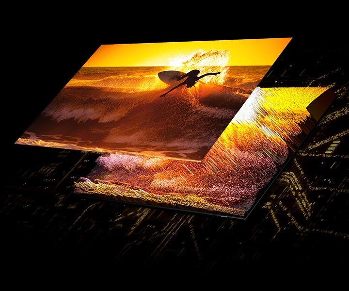 A surfer on the screen is displayed in detail through the Quantum Mini LEDs in the back that are accurately controlling light.