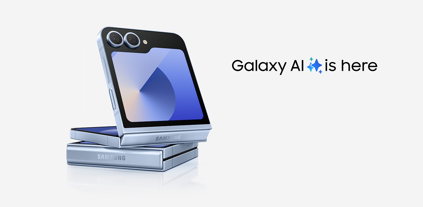Galaxy AI is here. Galaxy Z Flip6 in FlexMode and seen from the FlexWindow stacked on top of another closed Galaxy Z Flip6.