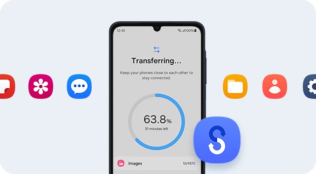 A smartphone displaying a data transfer process. Around the phone are colorful app icons and a Smart Switch logo.
