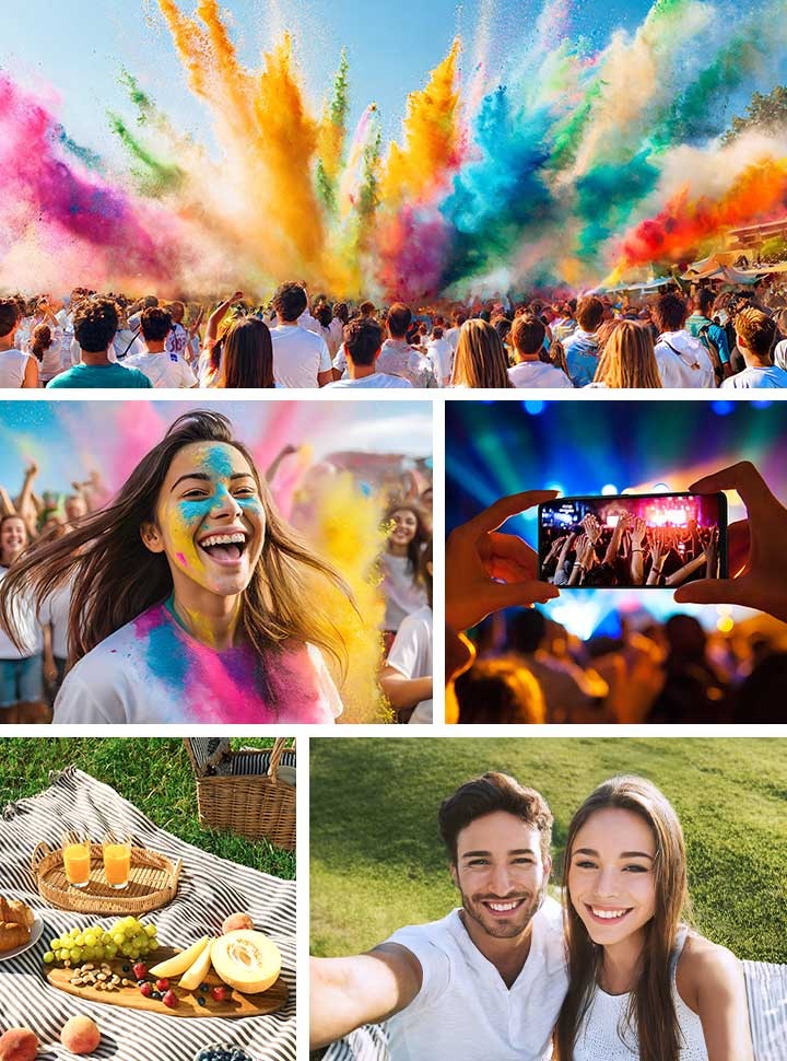 A crowd celebrating with colorful powder. On the middle left, a woman is smiling with colorful powder on her face. On the middle right, a hand holding the Galaxy A06 is capturing a concert from afar. On the bottom left, a picnic setup with food and drinks on a blanket is shown. On the bottom right, a smiling couple is taking a selfie outdoors.