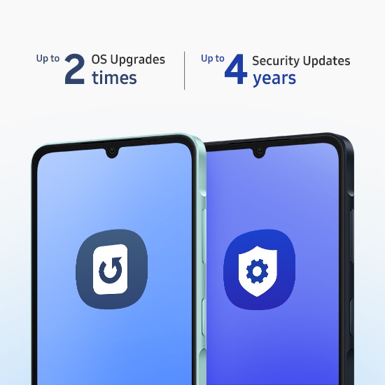 Two Galaxy A06 are shown next to each other with text indicating 'Up to 2 times OS upgrades' and 'Up to 4 years security updates'.