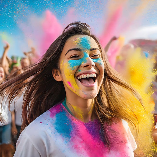 A woman is smiling with colorful powder on her face. 