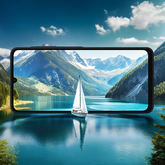 The Galaxy A06 screen blends into a scenic lake with mountains in the background and a sailboat in the foreground.