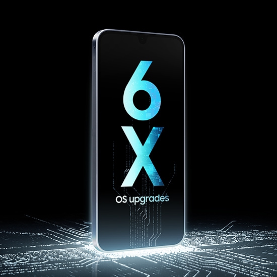A Galaxy A16 device stands upright on top of a luminescent chip circuit that continues up the screen, which shows '6X OS upgrades'.