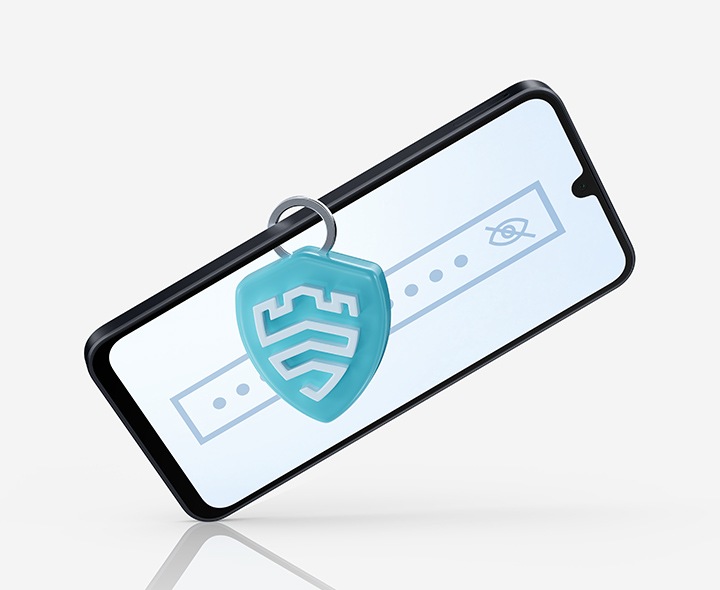 A Galaxy A16 device shows a hidden password on-screen while a key-chain with the Samsung Knox Vault symbol is locked onto one of the device's sides.