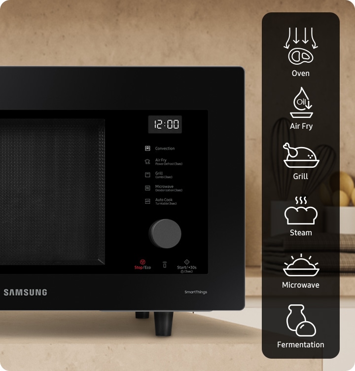 All-in-one Microwave can oven cook, air fry with oil, grill, steam, microwave and fermentation. These features are shown in icons.
