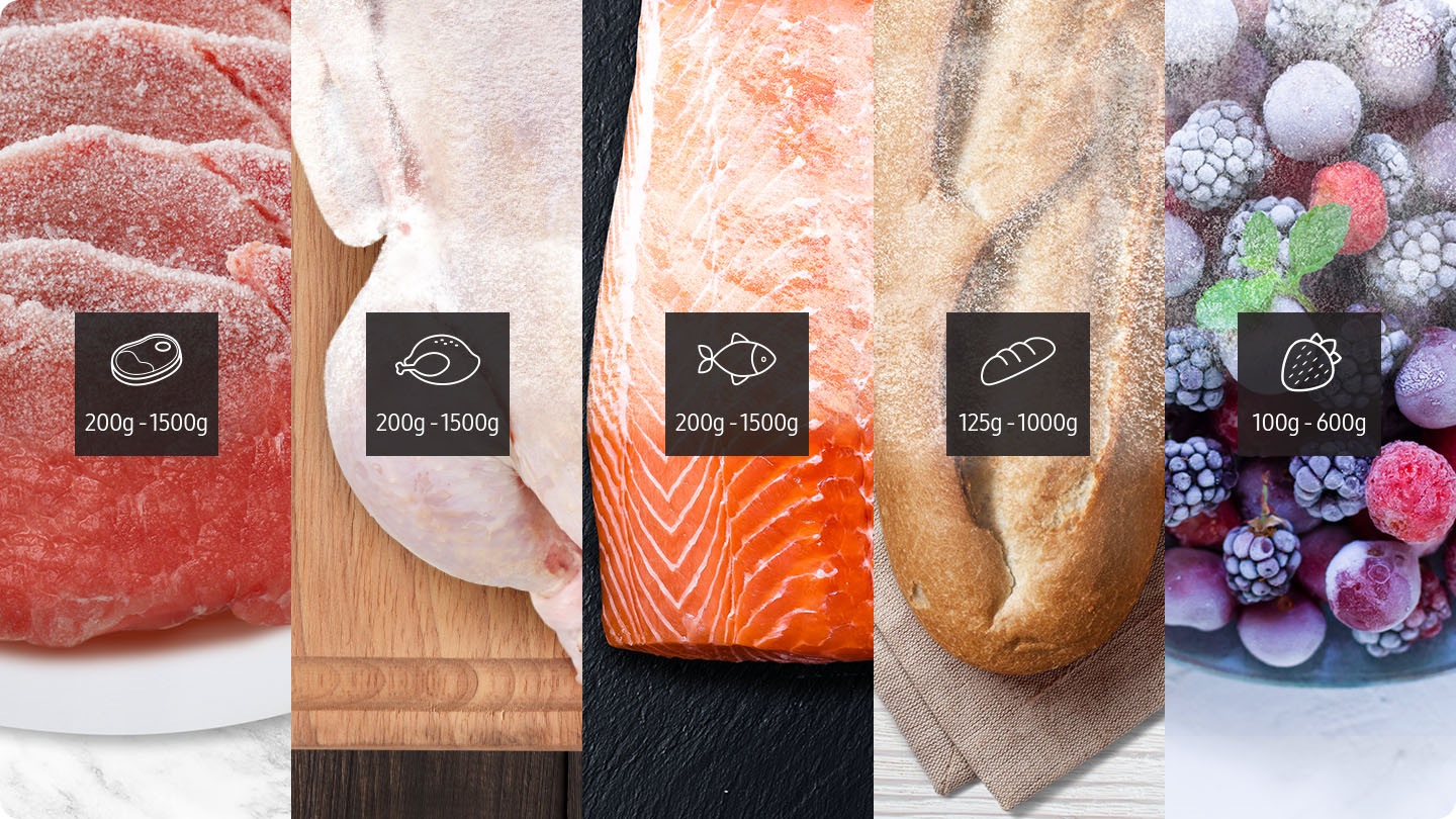 Shows the defrosting weight for 5 common foods: meat = 200g-1500g, poultry = 200g-1500g, fish 200g-1500g, bread = 125g-1000g and fruit = 100g-600g.