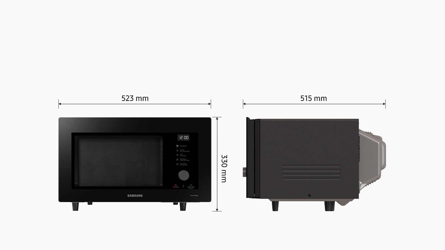 Shows the front and side of the microwave oven to illustrate how to measure its size. Its dimensions are: height = 330mm, width = 523mm, depth = 515mm.