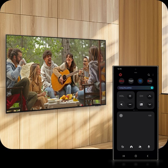 A Galaxy smartphone displays Quick Remote mode, which is used to increase the volume of a nearby TV as it shows a scene of a woman playing guitar.