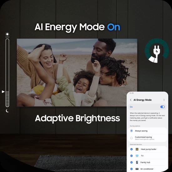 When AI Energy Mode is off, the surroundings around the TV appear bright. A smartphone screen displaying AI Energy Mode pops up, and it switches from Off to On. With adaptive brightness and AI Energy Mode activated, the energy level decreases significantly, and the scale shifts from day to night.