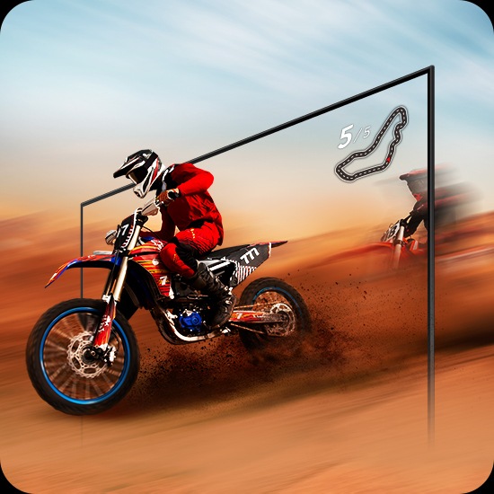 A dirt bike racer looks clear and visible inside the TV screen because of TV motion xcelerator technology.