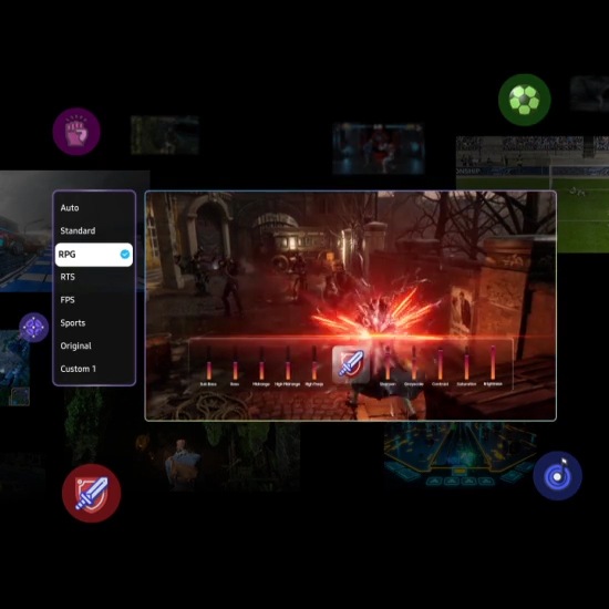The TV's AI detects that the game on screen is an RPG and optimizes various settings to match. The screen changes over to a sports game. The TV's AI detects the new game genre and re-optimizes the settings to match.