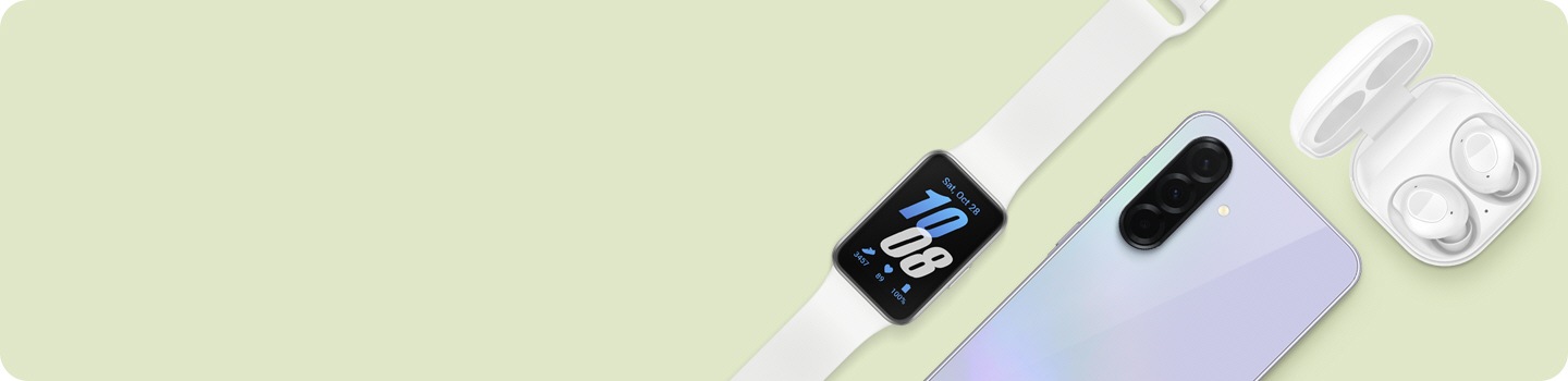 Galaxy Fit3 facing the front. Galaxy A36 5G in rear view. Galaxy Buds FE case open, showing the earbuds in their place.