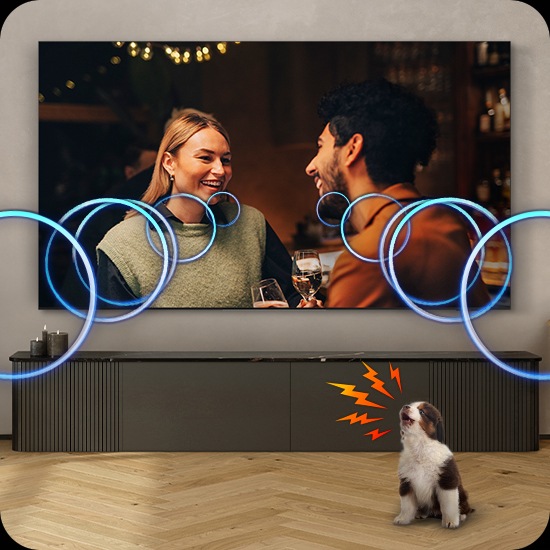The volume of a TV dialogue increases to cover the sound of a puppy barking in a living room.