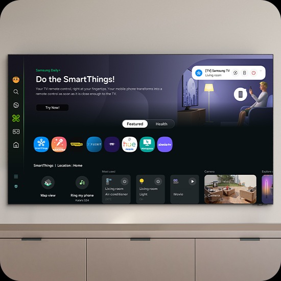 The home screen for Samsung Daily+ shows apps and services. The screen scrolls down to highlight the Most Used smart devices. Screen scrolls up and shows the category switching from Featured to Health. Scrolls back down to show the Workout Tracker options. The Galaxy Watch 6 option is highlighted.