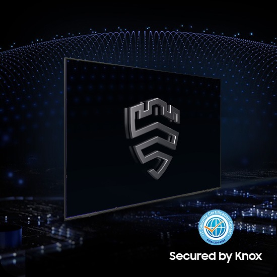 A multi-layered security solution is creating a dome-like enclosure behind a TV that's secured by Knox. The screen features the Samsung Knox emblem. The text Your privacy. Secured. Only on Samsung TV is on display on top. 