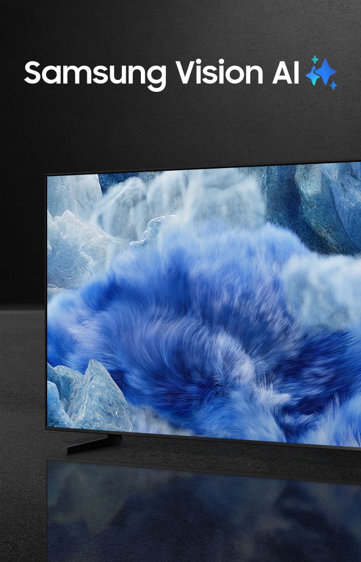 A TV with Samsung Vision AI has an otherworldly landscape with vivid blue grassy fields appear on screen.