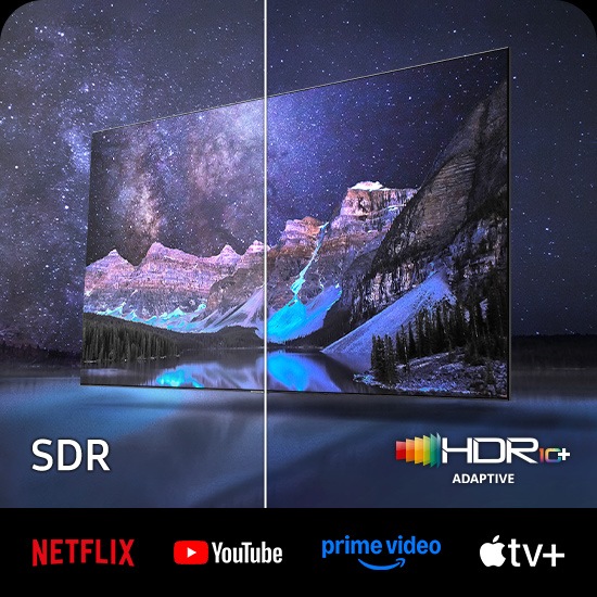A QLED TV is displaying mountains and a starry night. The scene after applying HDR 10+ ADAPTIVE technology is much brighter and crisper than the SDR version.
