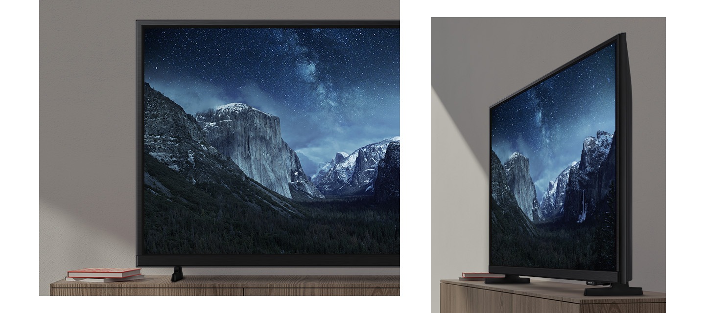 An image of a TV display appears sharp and vibrant, showcasing a detailed night landscape with enhanced clarity and color contrast.
