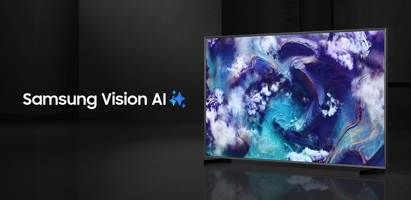 The words Samsung Vision AI is accompanied by the Samsung AI logo. Nearby, a TV turns on to display a blue landscape.