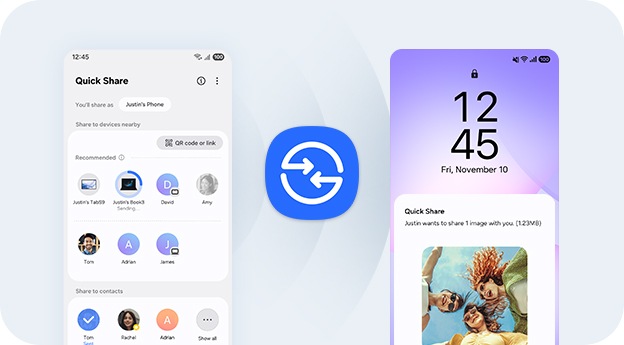The left phone's screen lists files and contacts available for sharing, while the right phone displays a notification for an incoming 'Quick Share' transfer with a preview of shared images, Quick Share icon in the center.