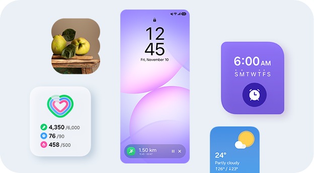 A smartphone lock screen showing Samsung Health Running tracker in the Now Bar at the bottom of the screen, with widgets for Gallery, Daily Activity, Alarm and Weather shown around the screen.
