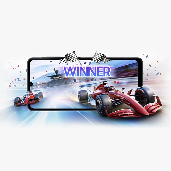Galaxy A07 display showing a high-speed racing game, emphasizing power for gaming, streaming, and multitasking.