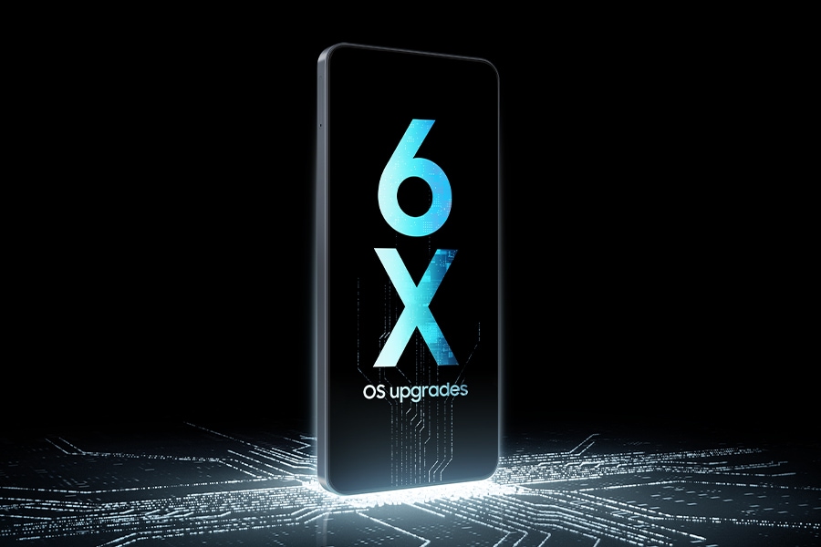 A Galaxy A07 device stands upright on top of a luminescent chip circuit that continues up the screen, which shows '6X OS upgrades'.