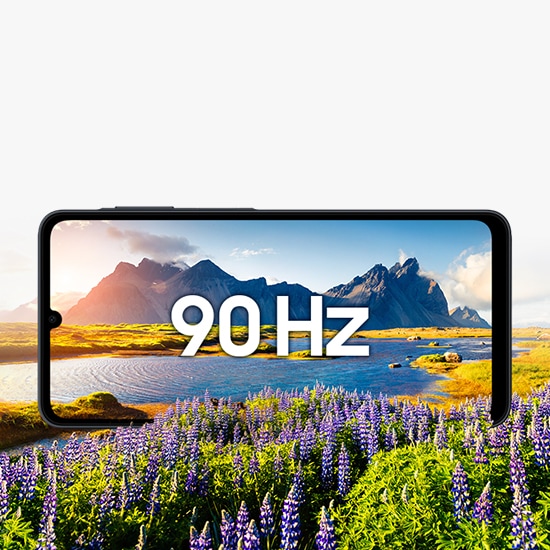Galaxy A07 showing a vivid landscape with the text ‘90Hz’ on screen, highlighting its 6.7-inch screen and 90Hz refresh rate.