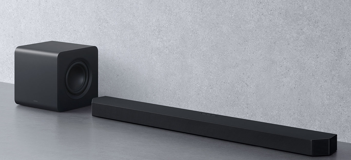 A soundbar, a subwoofer. Roon Ready logo. TUV Rheinland® Certified Product Carbon Footprint www.tuv.com ID 0217009957logo. TUV Rheinland® Certified Product Carbon Reduction CO2↓ www.tuv.com ID 0217009945 logo.