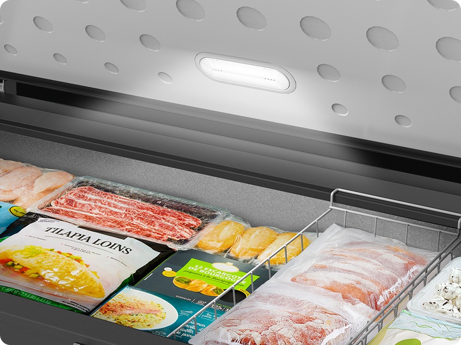 The LED lighting located inside the refrigerator door brightly illuminates the interior of the refrigerator.