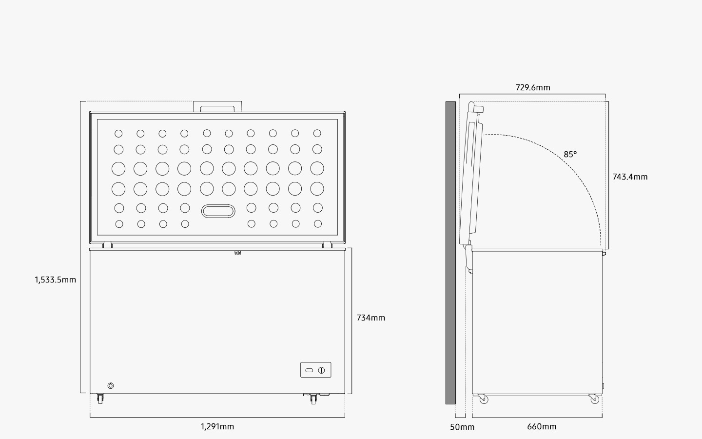 Illustration shows the refrigerator’s dimensions from the front and side when the door is open. When the refrigerator door is maxed out, it measures 1,533.5 mm in height, including the handle, 734 mm in height excluding the door, 1,291 mm in width, and 660 mm in depth excluding the hinge. The door can be opened up to 85 degrees, at which point the door measures 743.4 mm in height and 729.6 mm in depth. When installed, the refrigerator needs more than 50mm of space from the rear wall.