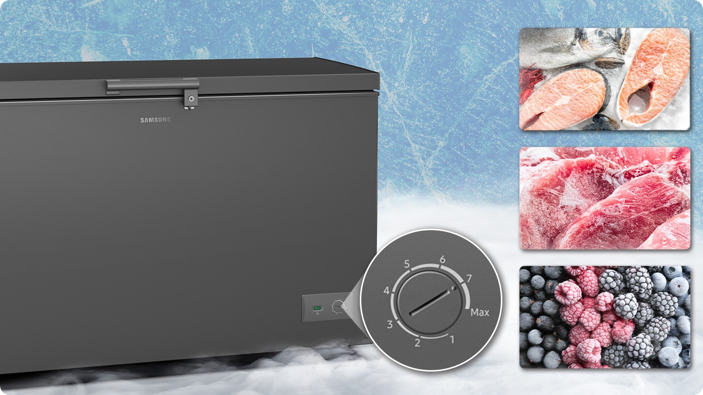 The refrigerator offers an easy-to-use freezing control with 8 steps, from 1 to Max. The temperature knob is set in 7 steps to keep fish, meat, and fruits fresh.