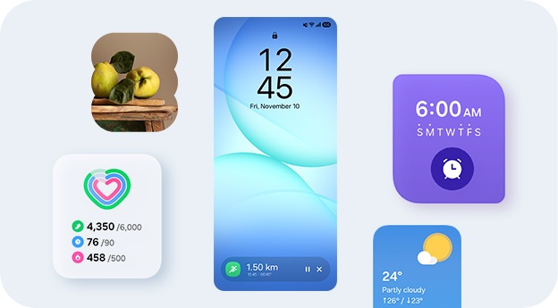 A smartphone lock screen showing Samsung Health Running tracker in the Now Bar at the bottom of the screen, with widgets for Gallery, Daily Activity, Alarm and Weather shown around the screen.