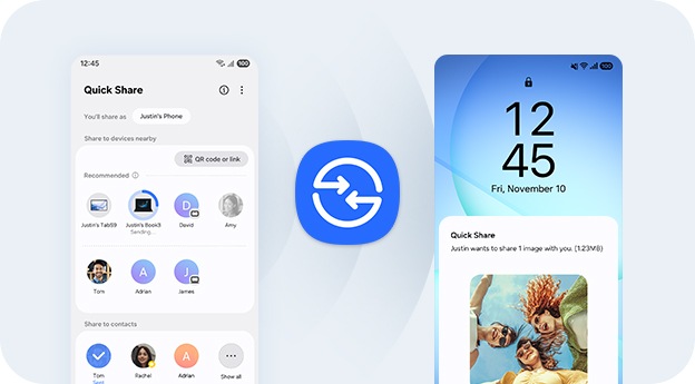 The left phone's screen lists files and contacts available for sharing, while the right phone displays a notification for an incoming 'Quick Share' transfer with a preview of shared images, Quick Share icon in the center.