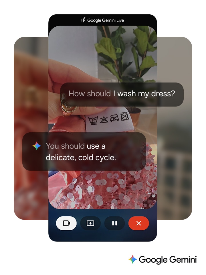 Google Gemini Live is active and the user is seeking laundry advice for their dress. Through the camera, the screen shows the care label, highlighting washing symbols. Google Gemini logo is at the bottom